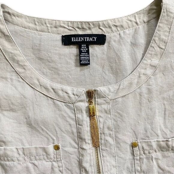 Ellen Tracy Linen Tan & Cream Pin Stripe Sleeveless Top w/ Gold Hardware Medium - Picture 6 of 12